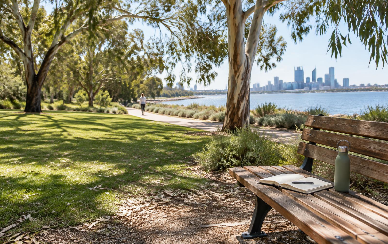 A quiet riverside pause, with a journal on a park bench